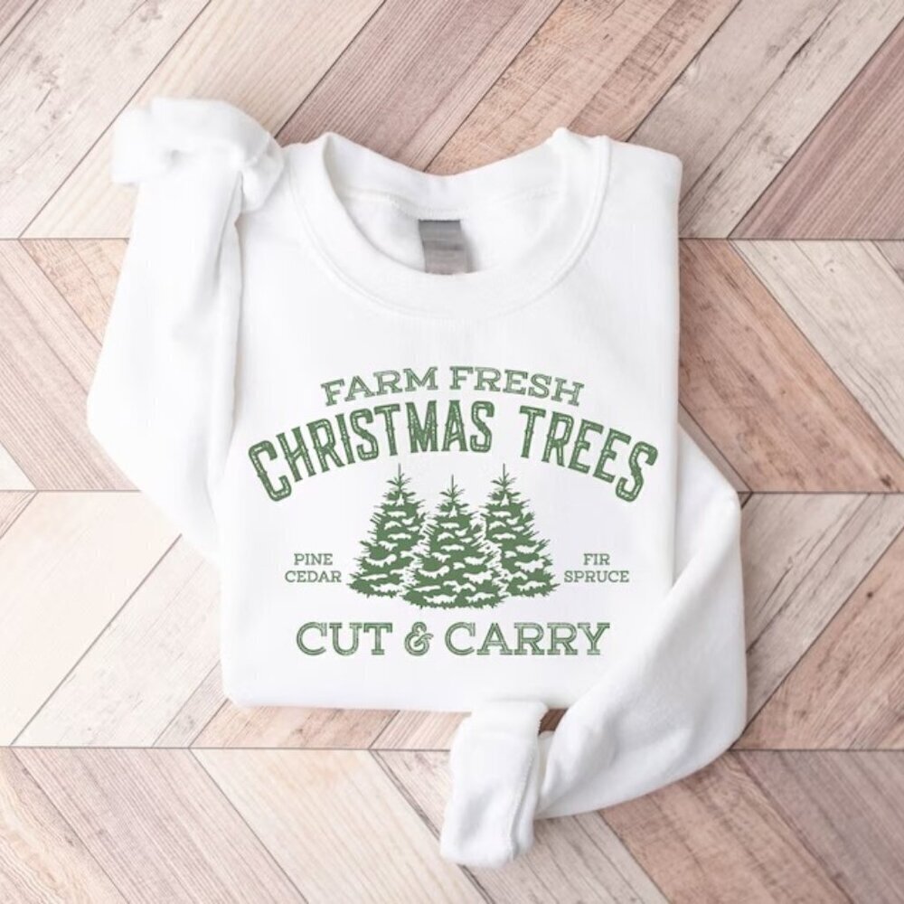 Pine Spruce Fir Christmas Trees Sweatshirt Farm Fresh Holiday Cozy Pullover